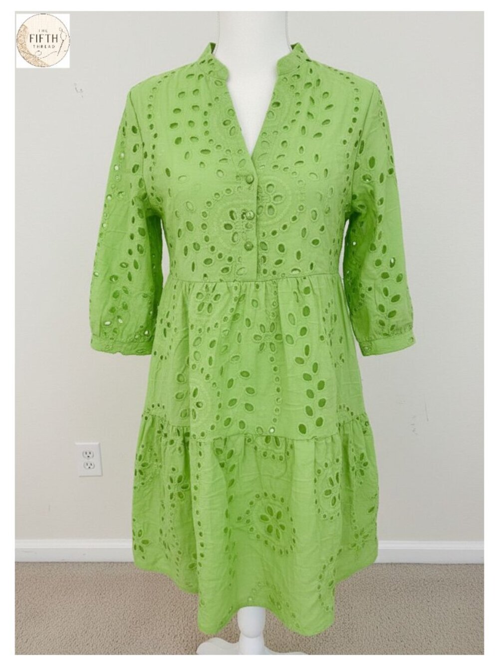 Women's Eyelet Lace Midi Dress V Neck Puff 3/4 Sleeve Tiered A Line Summer